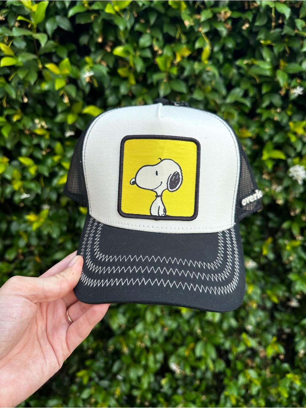 Snoopy Patch Trucker Hat in White, Black & Yellow